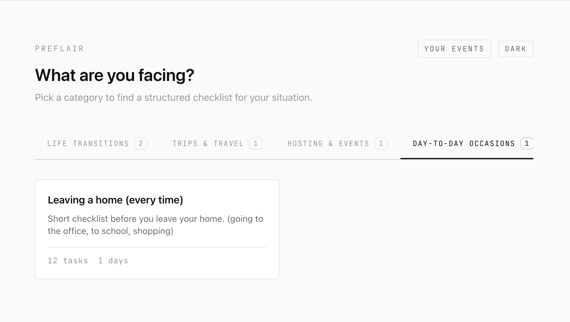 Preflair catalog showing Day-to-Day category