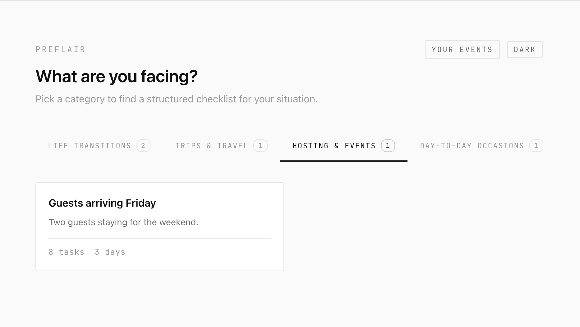 Preflair catalog showing Hosting & Events category