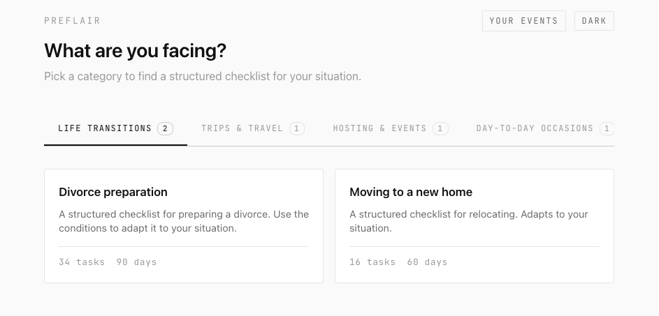 Preflair catalog showing Life transitions category