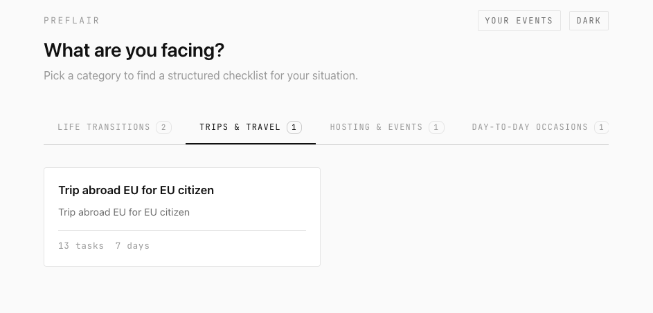 Preflair catalog showing Trips & Travel category
