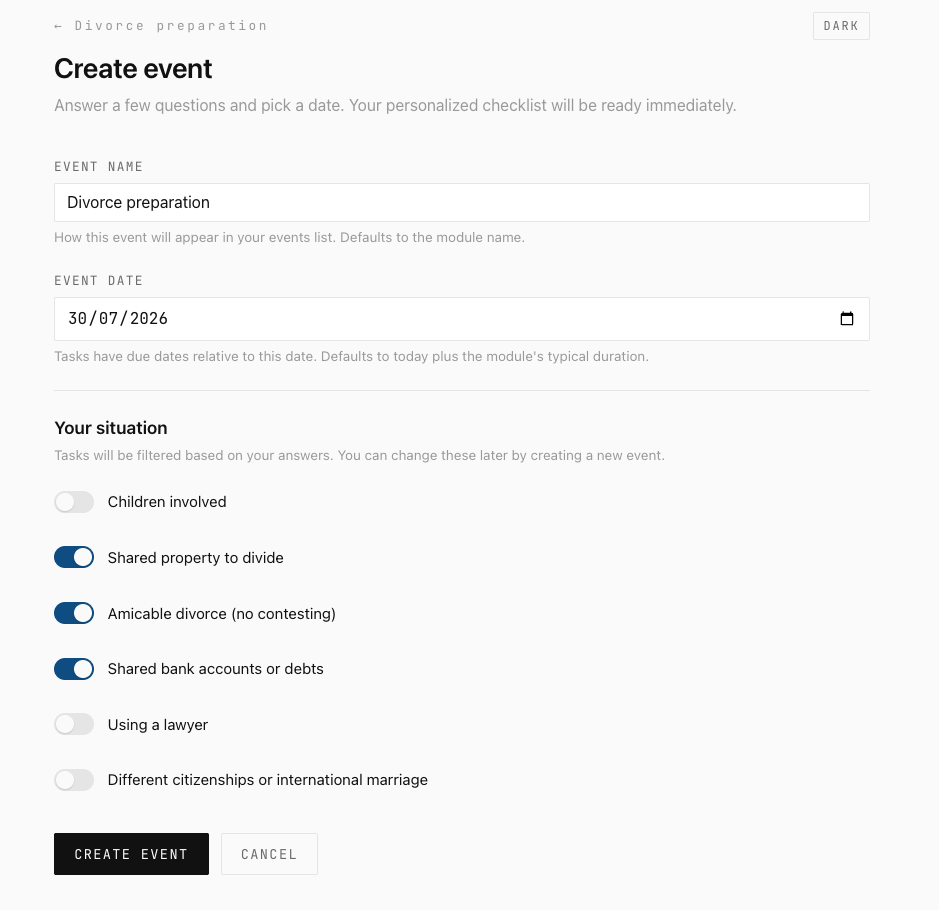 Preflair event creation form with condition toggles